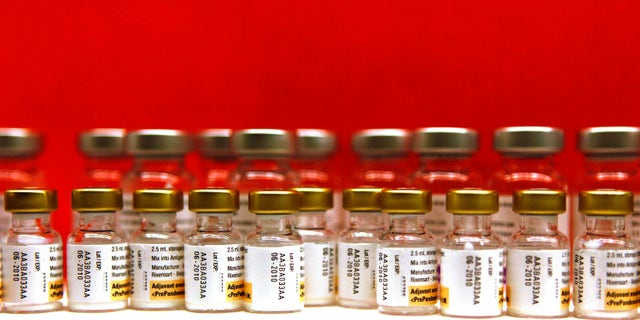 Bottles of adjuvants for use with the Pandemrix H1N1 flu vaccine are seen lined up during a vaccination program in 2009. (REUTERS/Jerry Lampen/File)