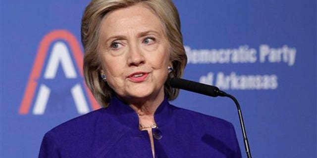 Democratic presidential hopeful Hillary Rodham Clinton speaks at the Democratic Party of Arkansas Jefferson Jackson dinner in North Little Rock, Ark., Saturday, July 18, 2015. (AP Photo/Danny Johnston)