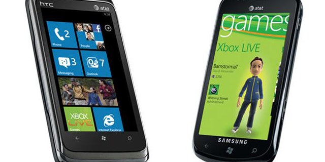 The HTC Surround (at left) and the Samsung Focus (at right), two of the many Windows Phone 7-powered smartphones coming out this Fall.