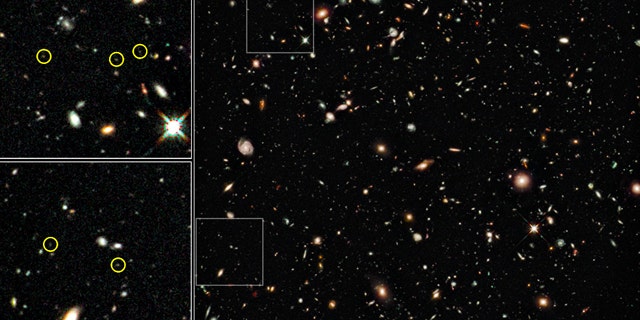 This montage of images taken by the Hubble Space Telescope in Aug. 2009 is the deepest image of the universe ever taken in near-infrared light by the observatory