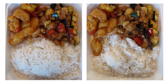 This two-picture combo shows the same meal, but the photo at left shows a full serving of rice and the other a half serving of rice. (AP Photo/Aline Michelle Grüneisen, Center for Advanced Hindsight, Duke University)