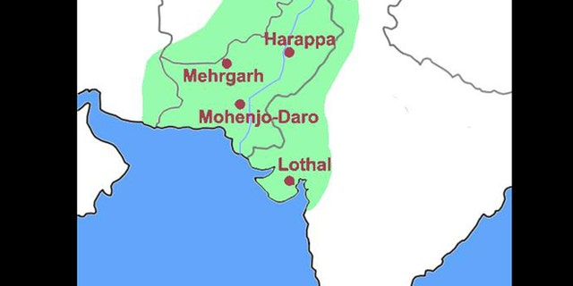 A simple map of the Indus Civilization (or Harappa civilization) with important archeological sites noted.