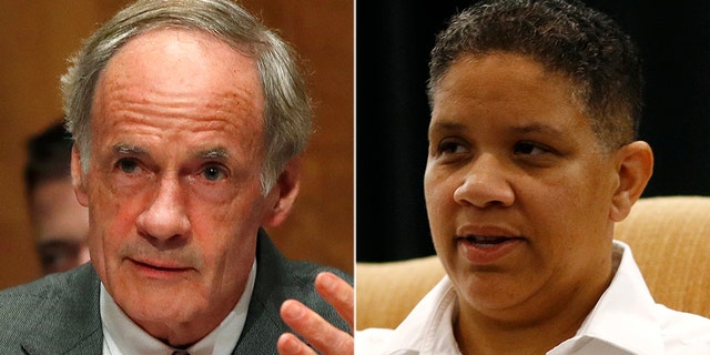 Kerri Evelyn Harris, right, is challenging Sen. Tom Carper in a primary Thursday.