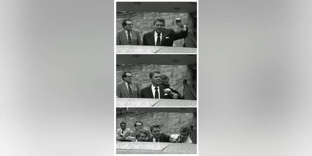 FILE - In this March 30, 1981 black-and-white three picture combo file photo, President Reagan waves, then looks up before being shoved into Presidential limousine by Secret Service agents after being shot outside a hotel in Washington. The last man to shoot an American president now spends most of the year in a house overlooking the 13th hole of a golf course in a gated community. He takes long walks along tree-lined paths, plays guitar and paints, grabs fast food at Wendy’s. He drives around town in a silver Toyota Avalon, a car that wouldn’t attract a second glance. Often, as if to avoid detection, he puts on a hat or visor before going out. (AP Photo/Ron Edmonds, File)
