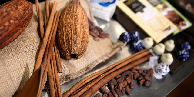 Chocolate beans and pods are displayed in New York.