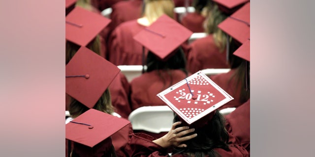 FILE - In this May 21, 2012, file photo, graduates from Joplin High School listen to speakers during commencement ceremonies in Joplin, Mo. U.S. public high schools have reached a milestone, an 80 percent graduation rate. Yet that still means 1 of every 5 students walks away without a diploma. Citing the progress, researchers are projecting a 90 percent national graduation rate by 2020. (AP Photo/Charlie Riedel, File)