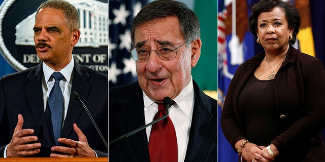 Obama administration officials (from left to right) Eric Holder, Leon Panetta and Loretta Lynch also took non-commercial flights.