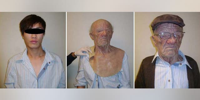 This undated combination of photos released by the Canada Border Services Agency shows a young man who boarded an Air Canada flight in Hong Kong while elaborately disguised as an elderly male. Hong Kong authorities have arrested eight people suspected of helping smuggle the young Chinese passenger onto the flight to Canada.