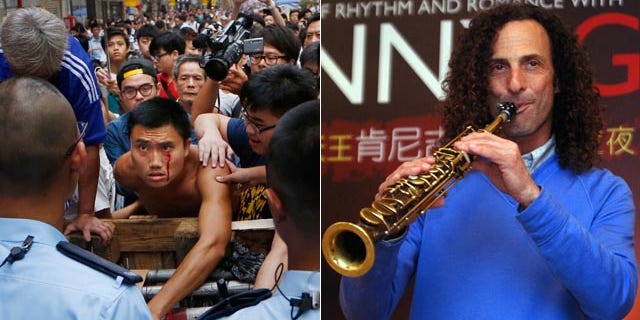 At left, A protester bleeds from his face as he tries to stop a group of taxi drivers from trying to remove the barricades in the Mong Kok district of Hong Kong Wednesday. At right, Kenny G, smooth jazz saxophonist, performs during a media event announcing a concert, in Taipei, Taiwan in 2010. (AP Photo/Kin Cheung, File)
