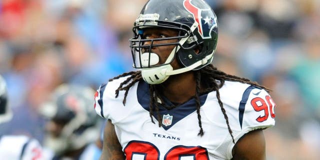 Dec 27, 2015; Nashville, TN, USA; Houston Texans linebacker Jadeveon Clowney (90) during the first half against the Tennessee Titans at Nissan Stadium. Mandatory Credit: Christopher Hanewinckel-USA TODAY Sports