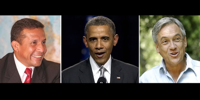 This is a photo composite of Peruvian President Ollanta Humala (left, U.S. President Barack Obama (center) and Chilean President Sebastián Piñera.