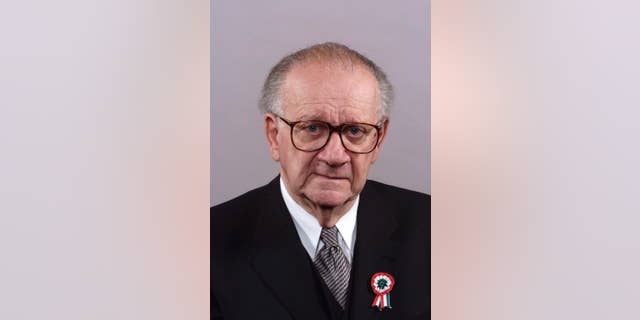 FILE - In this March 15, 2006 file picture Gyorgy Szabad, the first Speaker of the Parliament after the communist-era from 1990-1994, is photographed in the Parliament building in Budapest, Hungary. Gyorgy Szabad, a historian who survived forced labor during the Holocaust to become the speaker of Hungary’s first post-communist Parliament, has died aged 90. Szabad’s death was announced by parliament on Friday July 3, 2015 . (Attila Kovacs/MTI via AP,File)