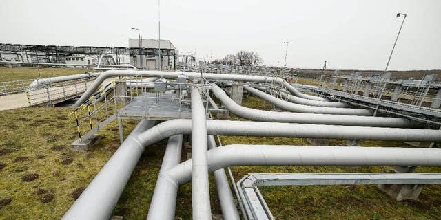 A partial view of the pumping station of the oil pipeline Friendship I at Tupa, Slovakia, near the Hungarian border, Monday, Febr. 9, 2015. The renewed 128km pipeline connecting Szazhalombatta, just south of Budapest, Hungary, and Sahy, Southern Slovakia, was ceremonially inaugurated by prime ministers of Hungary and Slovakia on Monday. (AP Photo/MTI, Peter Komka)