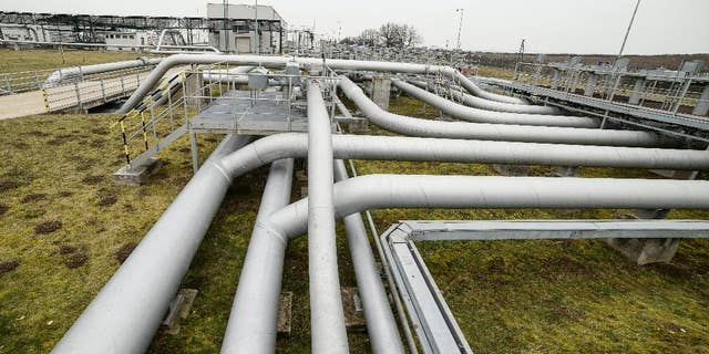 A partial view of the pumping station of the oil pipeline Friendship I at Tupa, Slovakia, near the Hungarian border, Monday, Febr. 9, 2015. The renewed 128km pipeline connecting Szazhalombatta, just south of Budapest, Hungary, and Sahy, Southern Slovakia, was ceremonially inaugurated by prime ministers of Hungary and Slovakia on Monday. (AP Photo/MTI, Peter Komka)