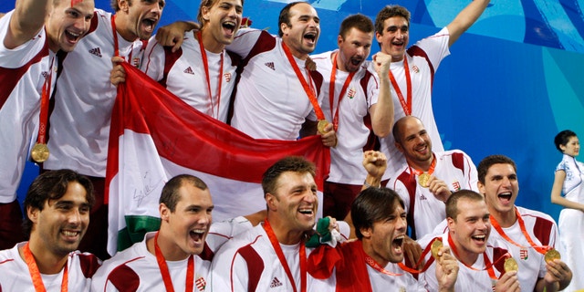 Aug. 24, 2008: In this photograph, Hungary men's water polo team pose with their gold medals after beating the USA 14-10 to win the gold at the Beijing 2008 Olympics in Beijing.