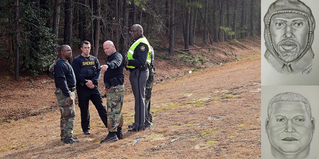 Wilson County Sheriff's Deputies investigate an area near Interstate 95, Monday, March 2, 2015, in Wilson, (AP Photo/The Wilson Times, Brad Coville) Inset: These images released Wednesday, March 4, 2015, by the Sheriff's Office, show composite sketches by investigators of two of the suspects in the heist. (AP Photo/Wilson County Sheriff's Office)