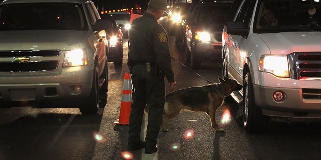 NOGALES, AZ - DECEMBER 07: A border patrol agent and Gitta, a drug-sniffing German shepherd, work a checkpoint on December 7, 2010 north of Nogales, Arizona. The checkpoint falls in the Tucson sector of the U.S.- Mexico border and is considered the most heavily trafficked by illegal immigrants and drug smugglers in the United States. (Photo by John Moore/Getty Images)