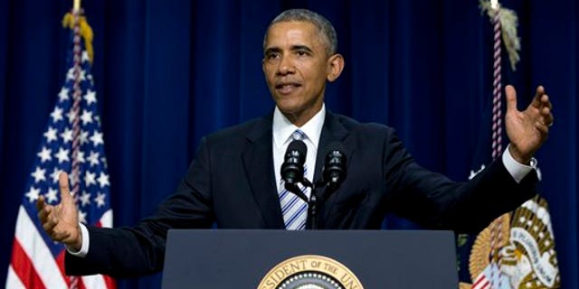 President Barack Obama speaks in the Eisenhower Executive Office Building in the White House Complex in Washington, Wednesday, Feb. 18, 2015. (AP Photo/Carolyn Kaster)
