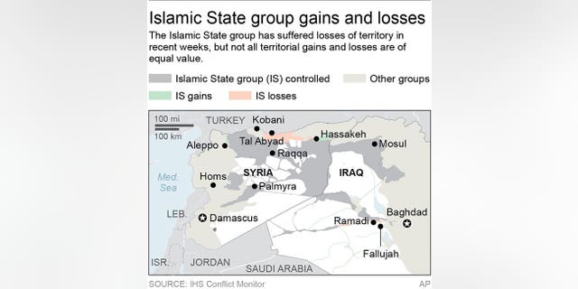 Map locates the Islamic State group’s area of control and territorial gains and losses in Syria and Iraq; 2c x 3 1/4 inches; 96.3 mm x 82 mm;