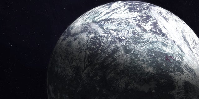 An artist's illustration of an ice- and snow-covered exoplanet.