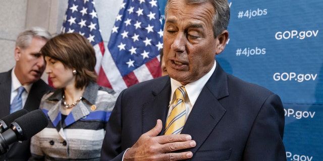 House Speaker John Boehner of Ohio, right, and House Republican leaders meet with reporters on Capitol Hill in Washington, Wednesday, Jan. 8, 2014, following a GOP strategy session. Speaker Boehner is joined at rear by, from left, House Majority Whip Kevin McCarth of Calif., and Rep. Cathy McMorris Rodgers, R-Wash., chair of the Republican Conference. As the Democratic-controlled Senate works on a bill to renew unemployment benefits that expired after Christmas, Speaker Boehner says that another extension of temporary emergency unemployment benefits should not only be paid for but include something to help put people back to work. To date, the president has offered no such plan.â (AP Photo/J. Scott Applewhite)