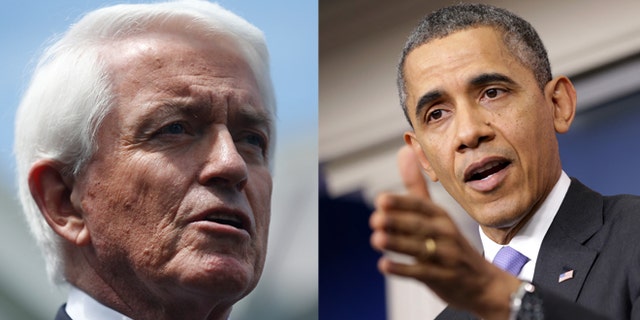 (left) In this June 11, 2013 file photo, US Chamber of Commerce President Tom Donohue speaks to reporters outside the White House in Washington. Donohue says the nation's biggest business lobby intends to "pull out all the stops" to pass an overhaul of immigration laws. (Right) President Barack Obama. (AP Photo/Charles Dharapak, File)