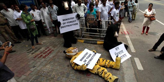 In this Tuesday, Sept. 11, 2012, file photo, Greenpeace activists dressed as wild animals hold placards during a protest outside the office of the Indian Coal Minister demanding a halt in allocation of forest land for coal mining, in New Delhi, India. A court has ordered the Indian government to release $300,000 sent by Greenpeace's foreign partners for use in India by the environmental group. (AP Photo/Altaf Qadri)
