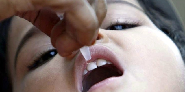 A child receives polio drops at a polio booth in the central Indian city of Bhopal.
