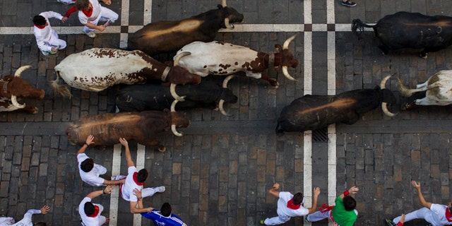 Victoriano del Rio fighting bulls run after revelers during the running of the bulls at the San Fermin festival in Pamplona, Spain, Thursday, July 9, 2015. Revelers from around the world arrive in Pamplona every year to take part in some of the eight days of the running of the bulls. (AP Photo/Andres Kudacki)