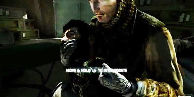 A controversial torture sequence from the upcoming game "Splinter Cell: Blacklist" -- artificially brightened here to show details.
