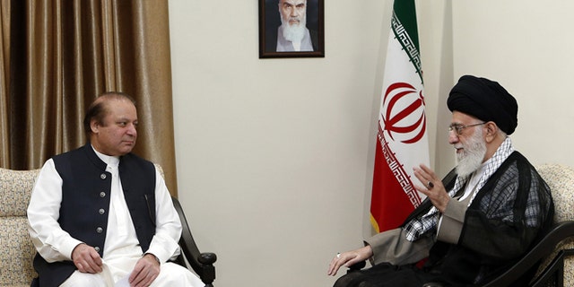 May 12, 2014: Iranian supreme leader, Supreme Leader Ayatollah Ali Khamenei, right, speaks with Pakistani Prime Minister Nawaz Sharif during their meeting in Tehran, Iran. (AP/Office of the Iranian Supreme Leader)