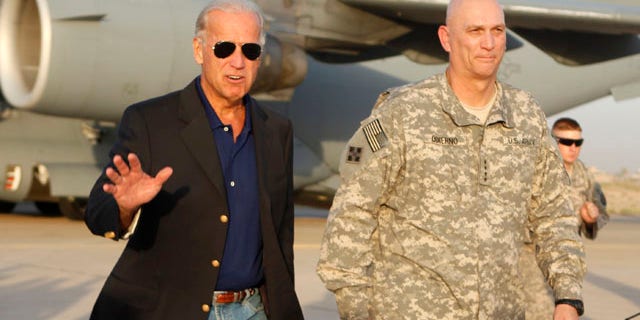 August 30: Vice President Joe Biden, walks with Gen. Ray Odierno, as he arrived in Baghdad, Iraq. (AP)