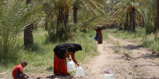 Iraqis displaced by conflict collect water at al-Takia refugee camp in Baghdad, Iraq, Thursday, July 30, 2015.