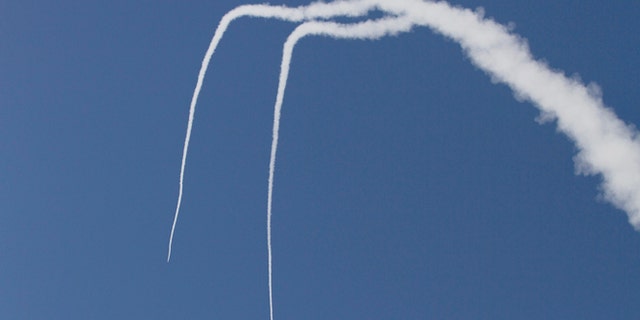 Nov. 18, 2012: Two Iron Dome missiles launched near the city of Ashdod, Israel to intercept a rocket fired by Palestinians militants from Gaza Strip.