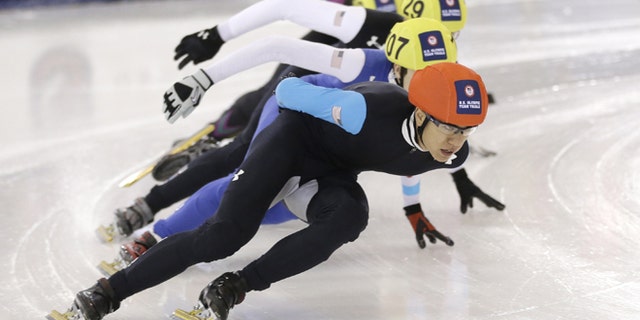 Jan. 5, 2014: In this file photo, J.R. Celski leads the pack as he competes in the men's 1,000-meter race at the U.S. Olympic short track speedskating trials in Kearns, Utah. The 23-year-old from Federal Way, Wash., will compete at his second Olympics, looking to add to the pair of bronze medals he won at the 2010 Vancouver Games.