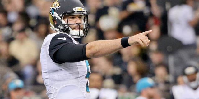 Dec 27, 2015; New Orleans, LA, USA; Jacksonville Jaguars quarterback Blake Bortles (5) points out to the defense against the New Orleans Saints during the second quarter of a game at the Mercedes-Benz Superdome. Mandatory Credit: Derick E. Hingle-USA TODAY Sports