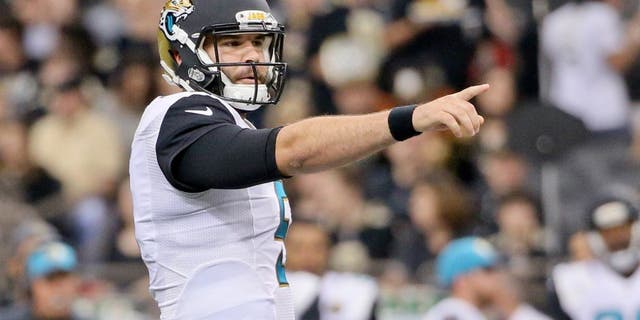 Dec 27, 2015; New Orleans, LA, USA; Jacksonville Jaguars quarterback Blake Bortles (5) points out to the defense against the New Orleans Saints during the second quarter of a game at the Mercedes-Benz Superdome. Mandatory Credit: Derick E. Hingle-USA TODAY Sports
