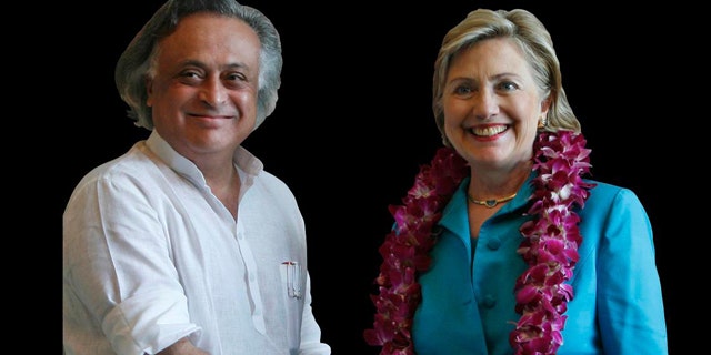 Jairam Ramesh, India's Junior Minister for Environment and Forests, and Hillary Rodham Clinton, US Secretary of State, shake hands in New Delhi, India.