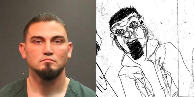 James Anthony Lawlor (left) and a sketch by a homeless person he is accused of attacking (right).