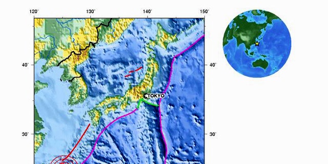 A map from the United States Geological Survey shows the location of an earthquake (at bottom left) that has struck off the coast of Japan Monday, October 4.
