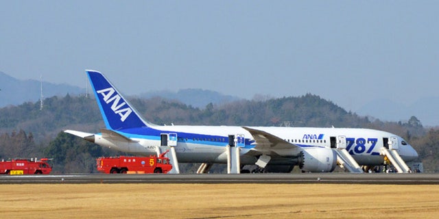 Jan. 16, 2013: An All Nippon Airways flight sits at Takamatsu airport in Takamatsu, western Japan after it made an emergency landing.