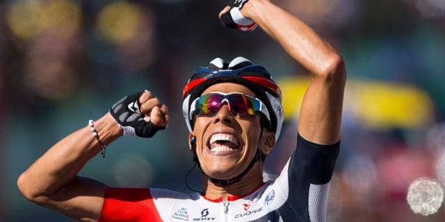 Colombiaâs Jarlinson Pantano crosses the finish line to win the fifteenth stage of the Tour de France cycling race over 160 kilometers (99.4 miles) with start in Bourg-en-Bresse and finish in Culoz, France, Sunday, July 17, 2016. (AP Photo/Peter Dejong)