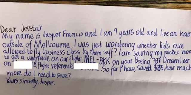 The 9-year-old sent a letter inquiring about a business class seat for his upcoming flight from Melbourne, Australia to Bangkok, Thailand.