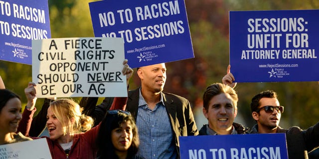 WASHINGTON, DC - NOVEMBER 18: Activists call on senate to reject Jeff Sessions as Attorney General on November 18, 2016 in Washington, DC. (Photo by Leigh Vogel/Getty Images for People For The American Way)