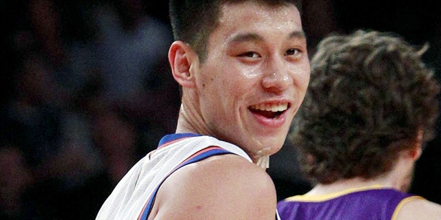 Feb. 10, 2012: New York Knicks' Jeremy Lin reacts after scoring during the first half of an NBA basketball game against the Los Angeles Lakers, in New York.