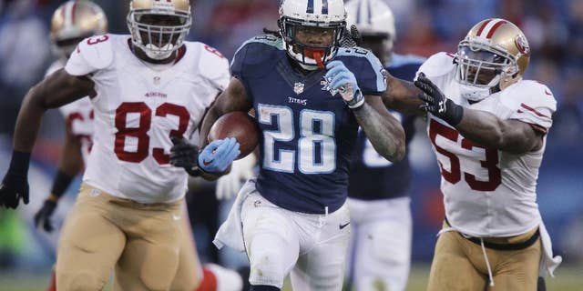 FILE - In this Oct. 20, 2013, file photo, Tennessee Titans running back Chris Johnson (28) runs ahead of San Francisco 49ers defenders Demarcus Dobbs (83) and NaVorro Bowman (53) on a touchdown reception in an NFL football game in Nashville, Tenn. The New York Jets signed the former Titans running back Wednesday, April 16, a little over a week after he was officially released by Tennessee on April 7. (AP Photo/Wade Payne, File)