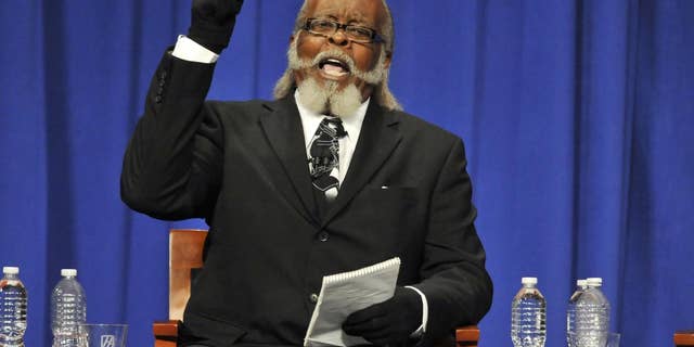 Jimmy McMillan, candidate for Rent is 2 Damn High party makes a point during the 2010 New York State Gubernatorial debate held at Hoftstra University in Hempstead, N.Y. (AP Photo/Kathy Kmonicek)