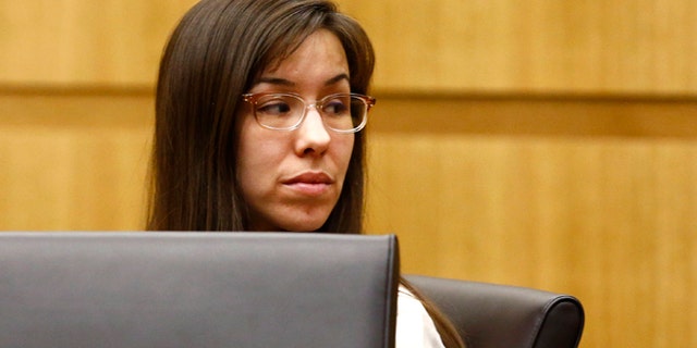 May 20, 2013: Jodi Arias looks at her family during the penalty phase of her murder trial at Maricopa County Superior Court in Phoenix, Ariz. (The Arizona Republic, Rob Schumacher, Pool)