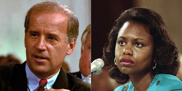 Former Vice President Joe Biden,left, served as chairman of the Senate Judiciary Committee in 1991 when Anita Hill, right, testified allegations of sexual misconduct by then-Supreme Court nominee Judge Clarence Thomas.(Associated Press)