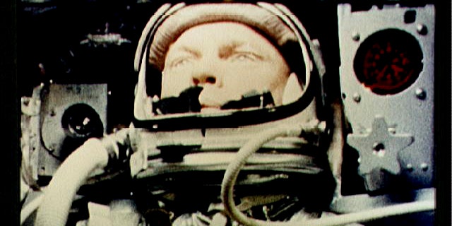 A camera aboard "Friendship 7" photographs John Glenn during a spaceflight on February 26, 1962.